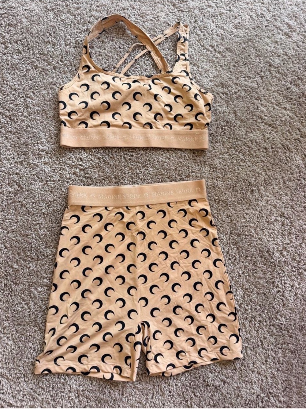 Marine Serre Beige Crescent-Print Sports Bra & Shorts Set